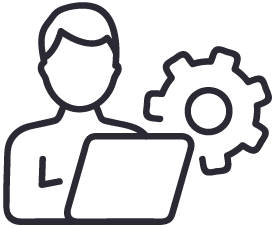 Simple line drawing of a person using a laptop with a large gear symbol behind them, representing technology, technical support, or computer engineering.