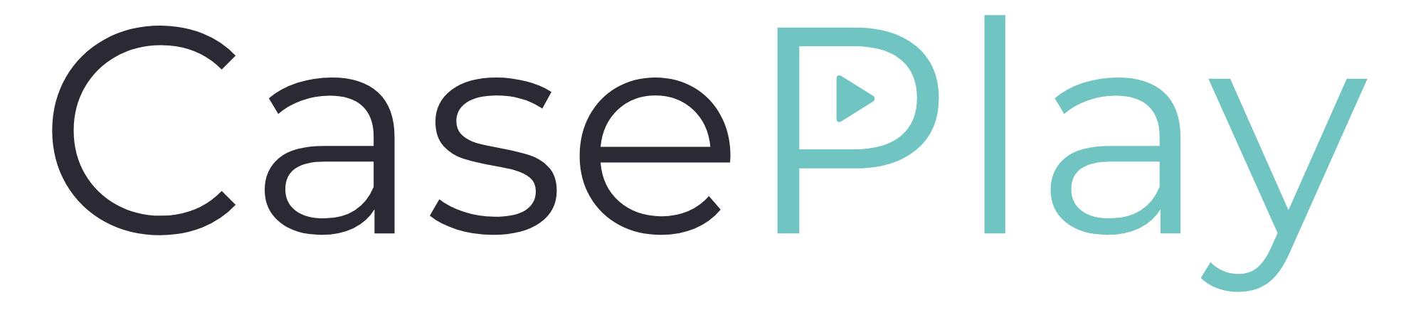The image shows the word CasePlay in a modern font. Case is in black, and Play is in light blue-green, with the P stylized as a play button. The background is light gray.